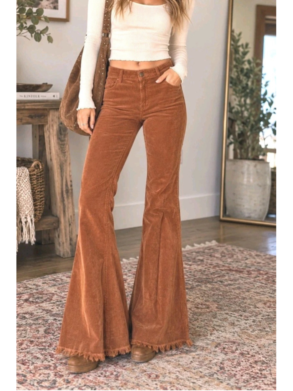 Free People Corduroy Flare Pants Sz 28 Short Brown Raw Hem Bell Bottom Boho Read